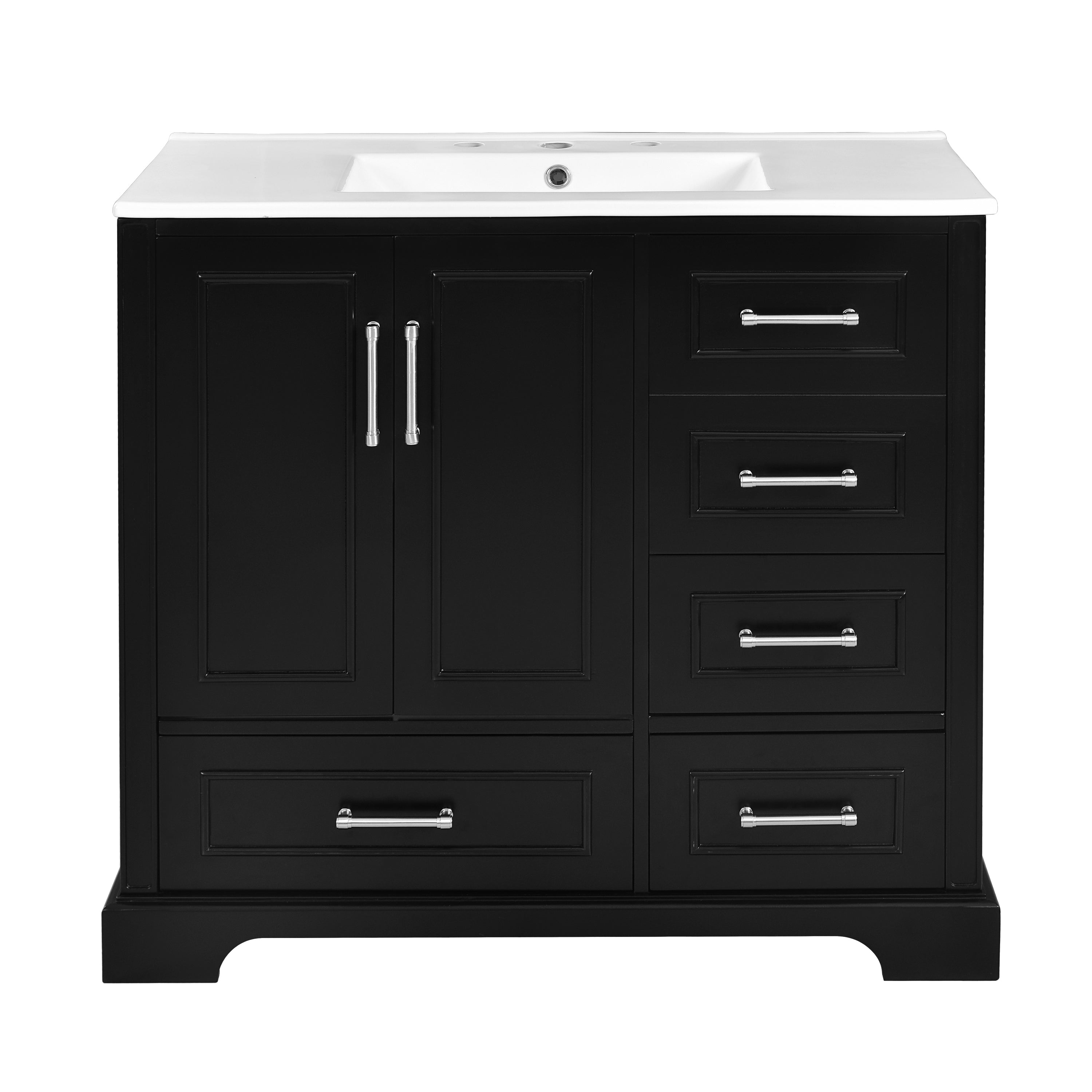 VanityFus 36-in Bathroom Vanity Single Sink Combo Black with Ceramic White Top 2 Soft-Close Doors 4 drawer